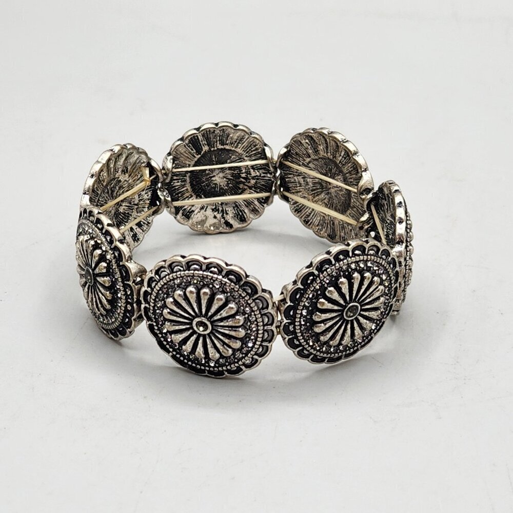 Western Conch Stretch Bracelet Silver Rhinestone Cuff Statement Sparkle